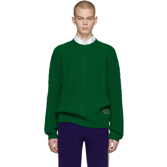 Photo: Gucci Green Cable Knit Wool GG Sweater