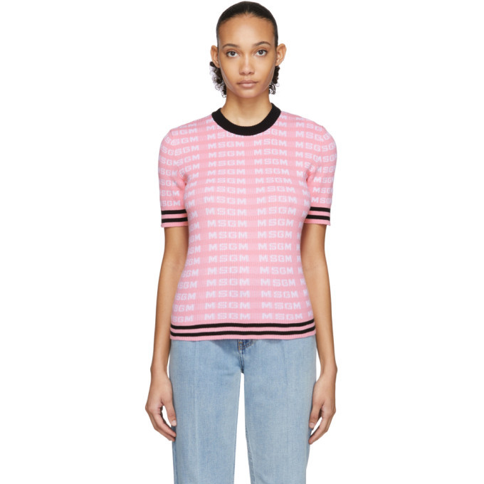 MSGM Pink All Over Logo Short Sleeve Sweater MSGM