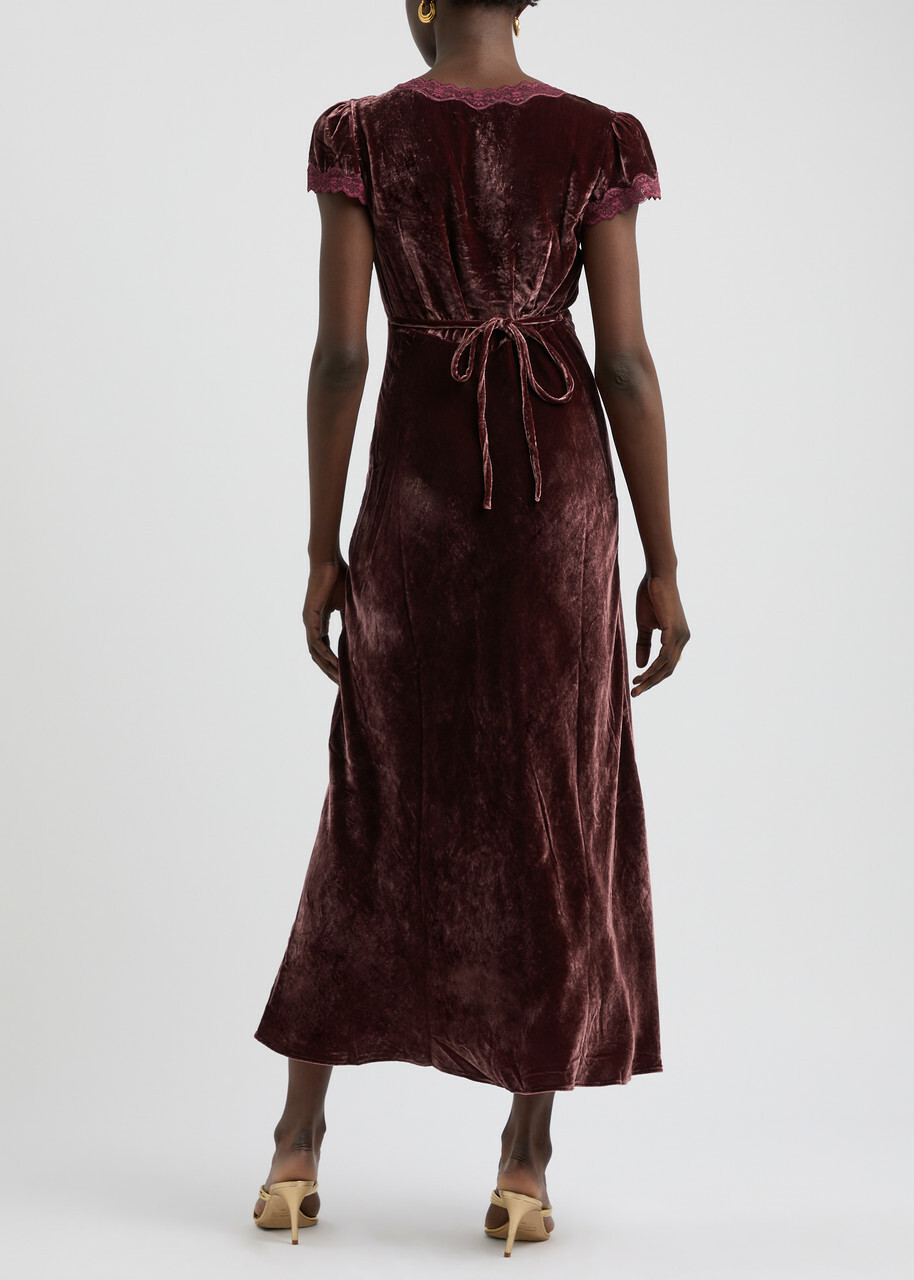 Rixo Clarice Lace-trimmed Velvet Midi Dress Dark Red Rixo