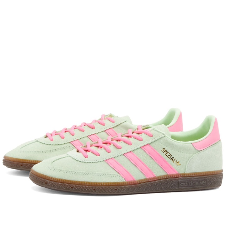 Photo: Adidas Handball Spezial Sneakers in Semi Green Spark/Lucid Pink/Gum
