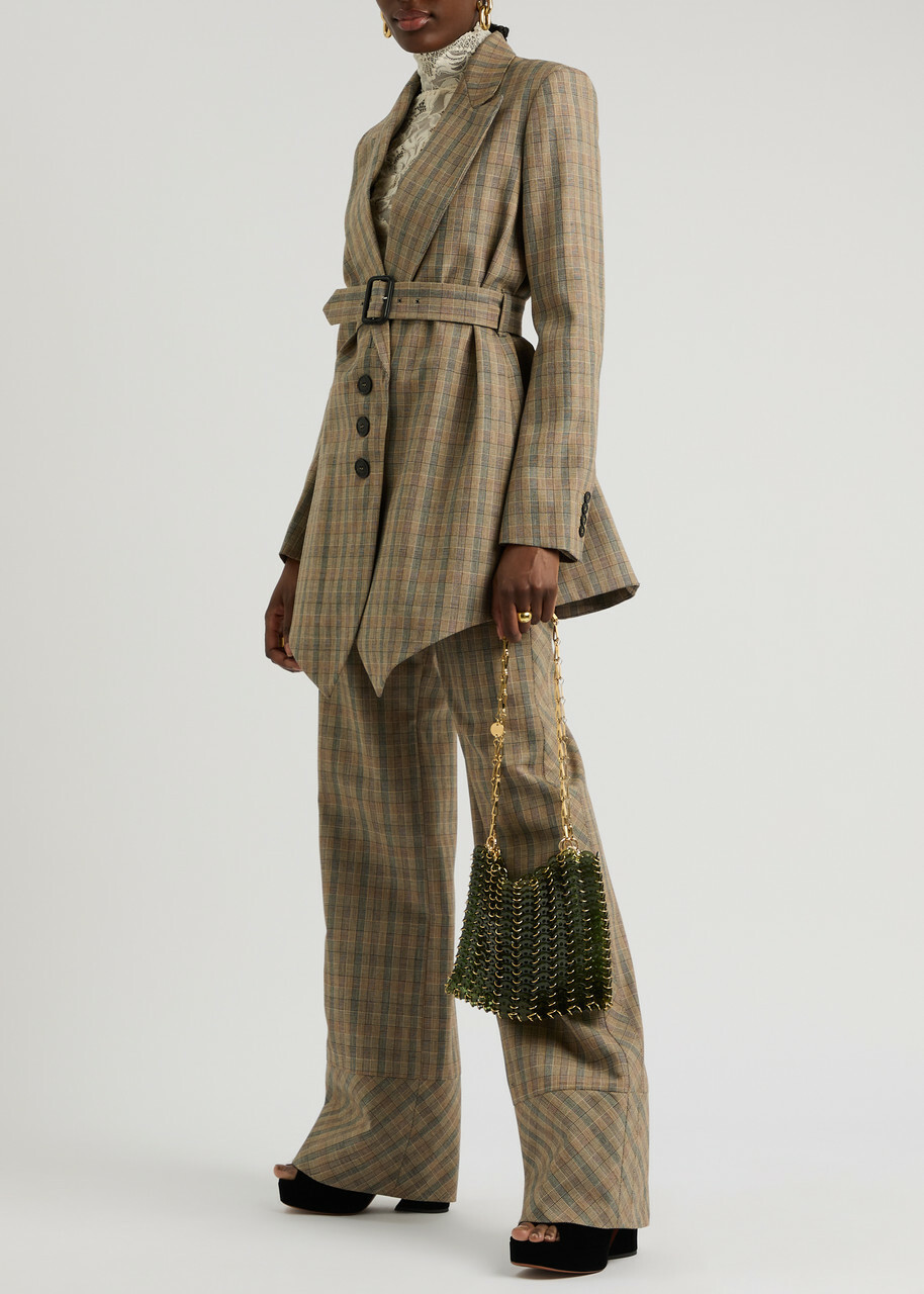 Rabanne Checked Belted Wool Blazer Beige