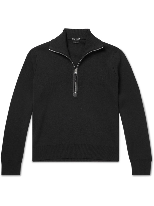 Photo: TOM FORD - Leather-Trimmed Ribbed Merino Wool Half-Zip Sweater - Black