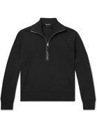 TOM FORD - Leather-Trimmed Ribbed Merino Wool Half-Zip Sweater - Black