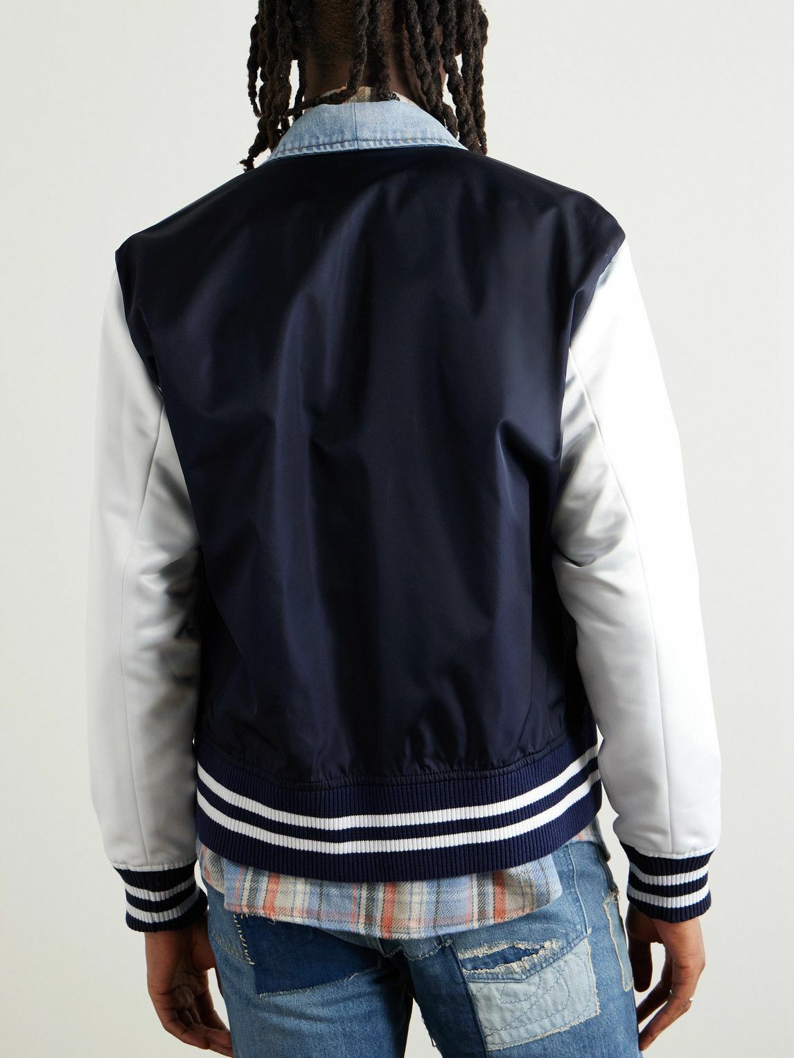 Greg Lauren - Slim-Fit Denim-Trimmed Satin Varsity Jacket - Blue