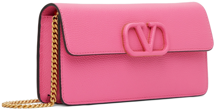 V Logo Leather Wallet On Chain in Pink - Valentino Garavani