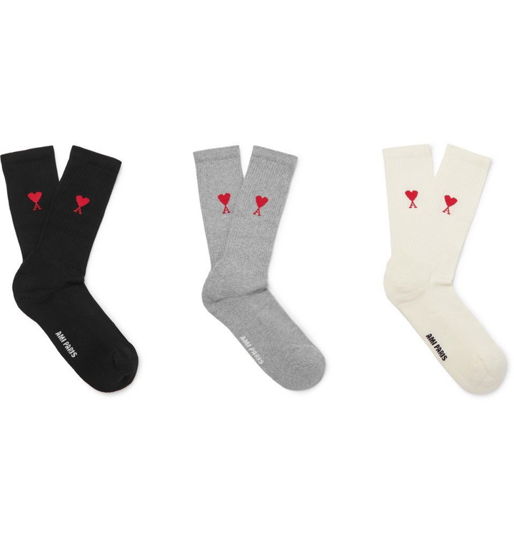 Photo: AMI - Three-Pack Logo-Embroidered Stretch Cotton-Blend Socks - Multi