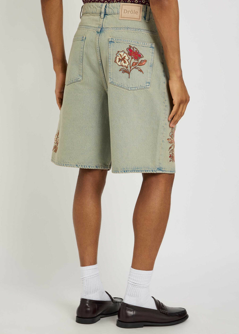 DRÔLE DE Monsieur Dusty Brodé Fleurs Embroidered Denim Shorts