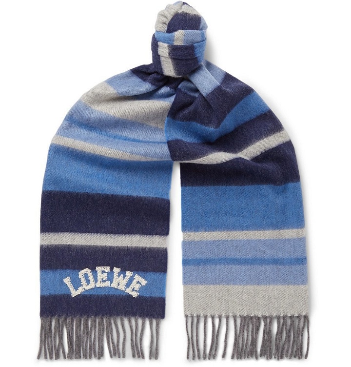Photo: Loewe - Logo-Appliquéd Striped Wool Scarf - Blue