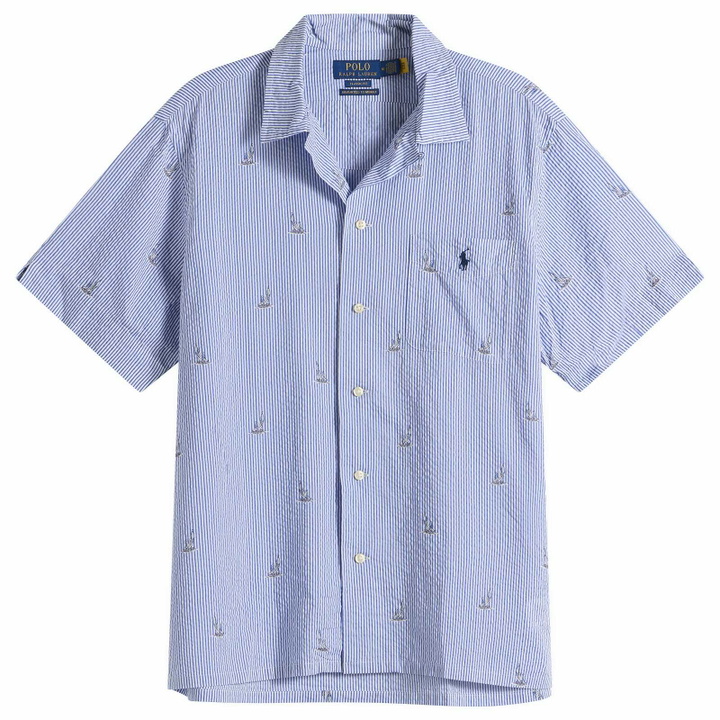 Photo: Polo Ralph Lauren Men's Seersucker Sailboat Short Sleeve Shirt in Blue Stripe