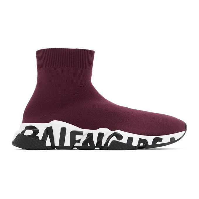 Photo: Balenciaga Burgundy and White Graffiti Sole Speed High-Top Sneakers