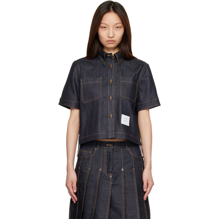 Photo: Thom Browne Navy Straight Hem Button Down Point Collar Denim Shirt