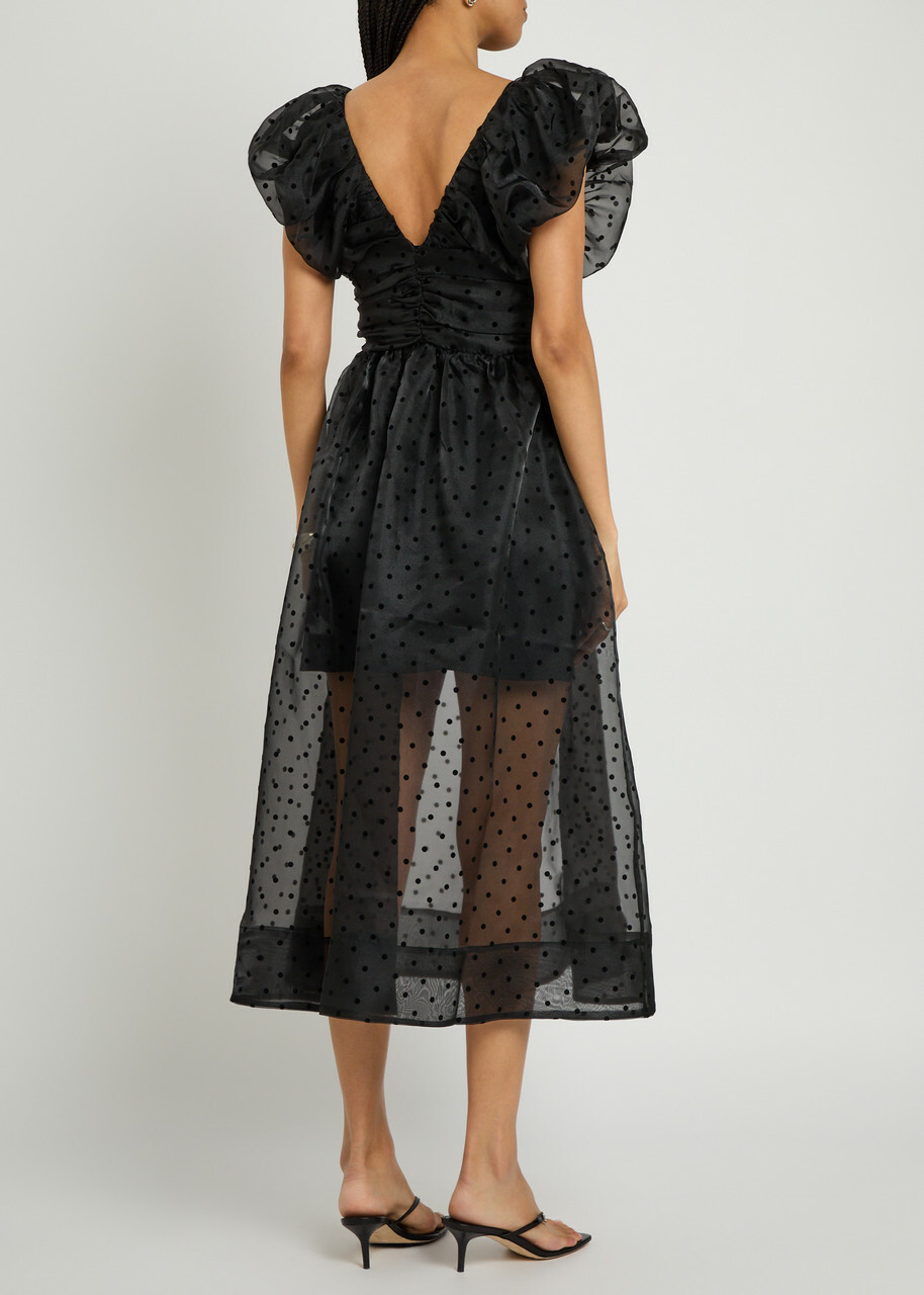 Ganni Polka-dot Ruched Organza Midi Dress Black