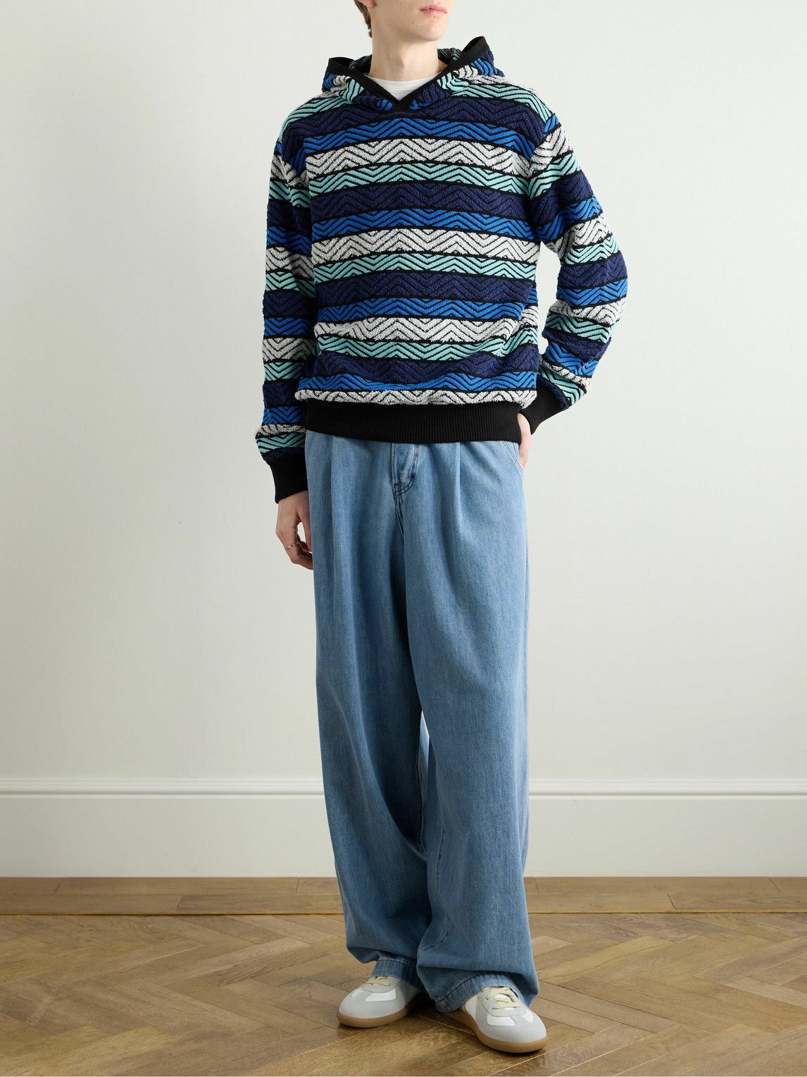 Missoni - Striped Cotton-Blend Terry Jacquard Hoodie - Blue