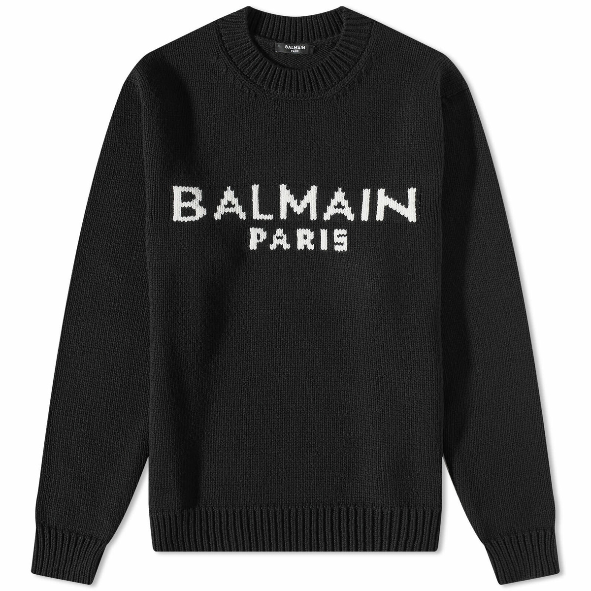 Balmain Men's Merino Logo Crew Knit in Black/White Balmain