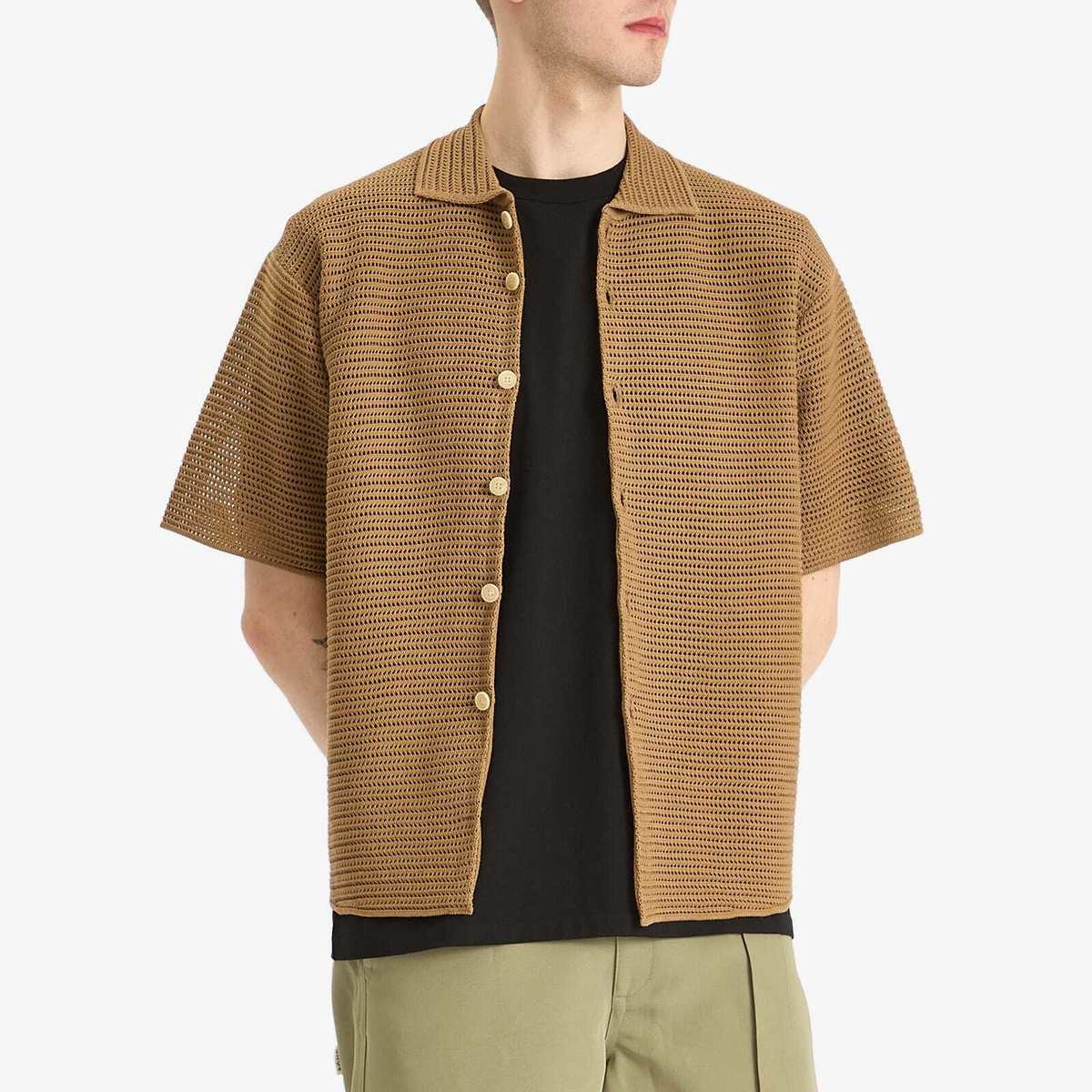 Auralee Men's Cotton Mesh Knit Half Sleeved Shirt in Khaki