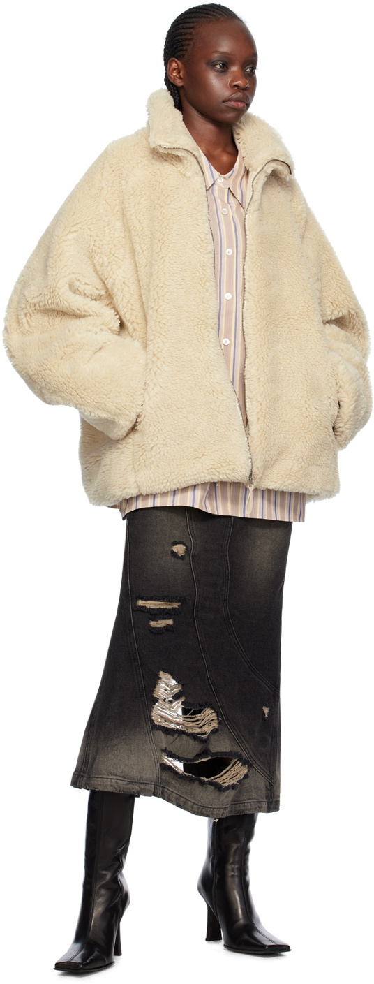 lesugiatelier Off-White Funnel Neck Faux-Shearling Jacket