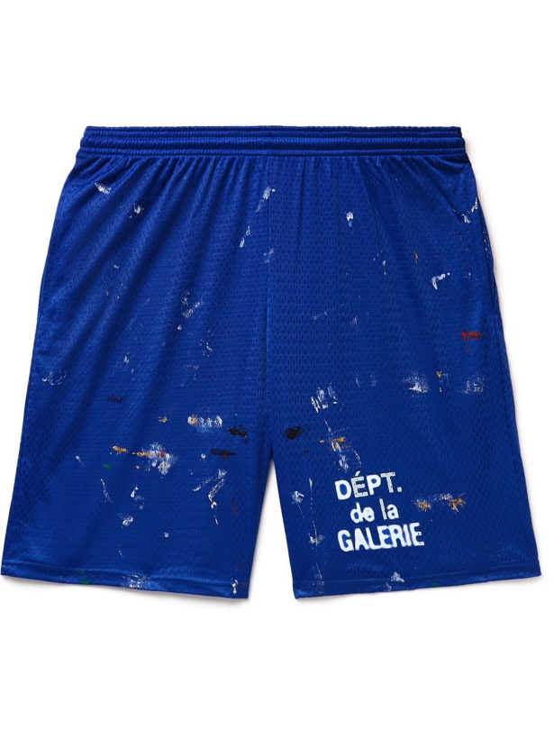 Photo: Gallery Dept. - Studio Gym Logo-Print Paint-Splattered Mesh Shorts - Blue