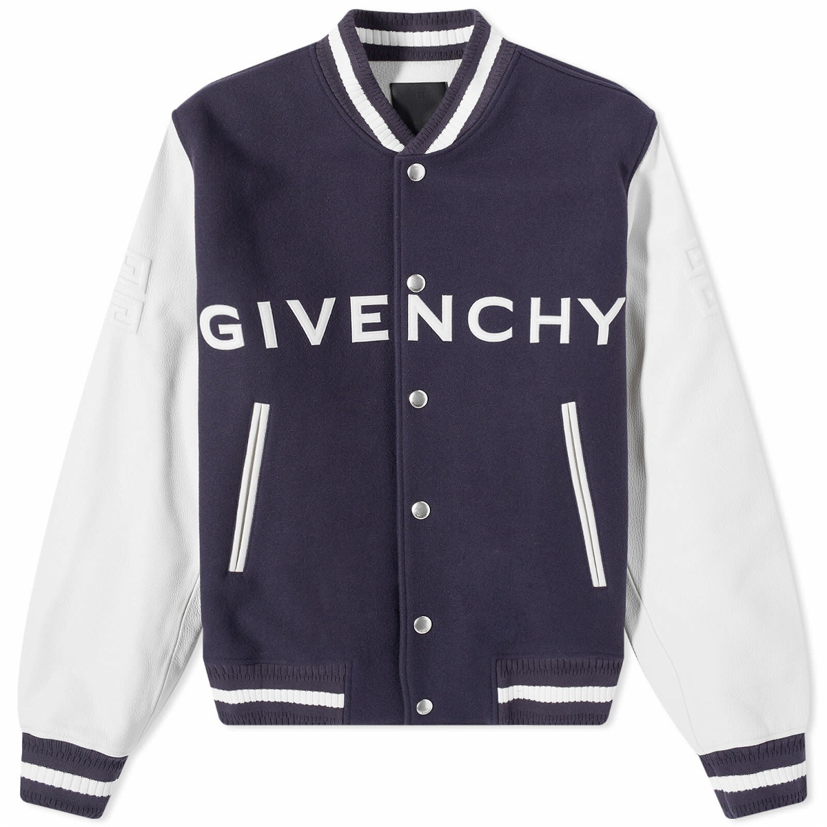 Givenchy Men's Logo Leather Varsity Jacket in Navy/White Givenchy