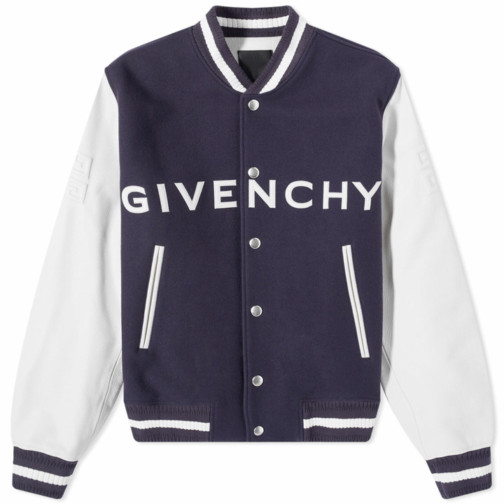 Photo: Givenchy Men's Logo Leather Varsity Jacket in Navy/White