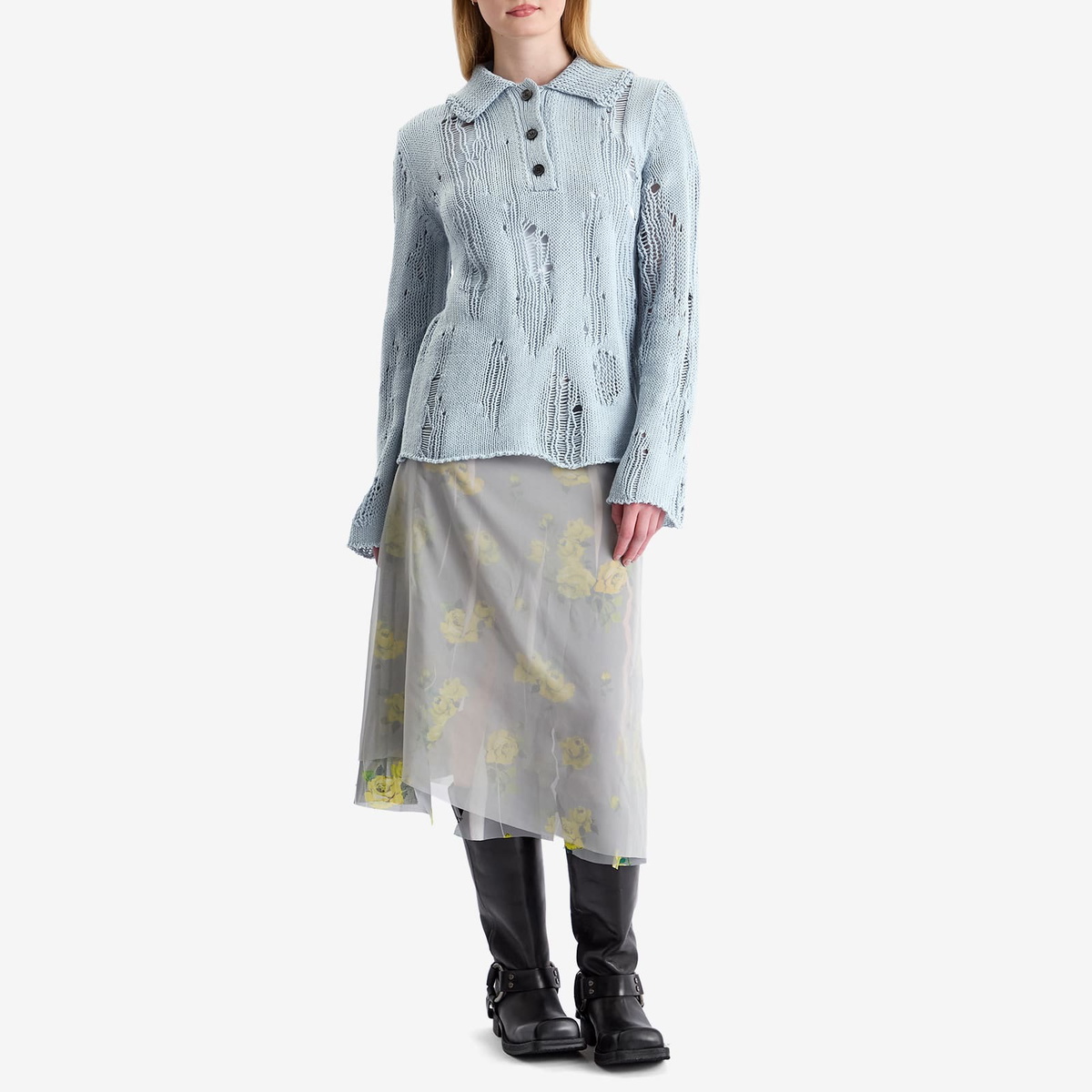 Acne Studios Women's Kummer Natural Cord Mouline Polo Neck Jumper in Light Blue