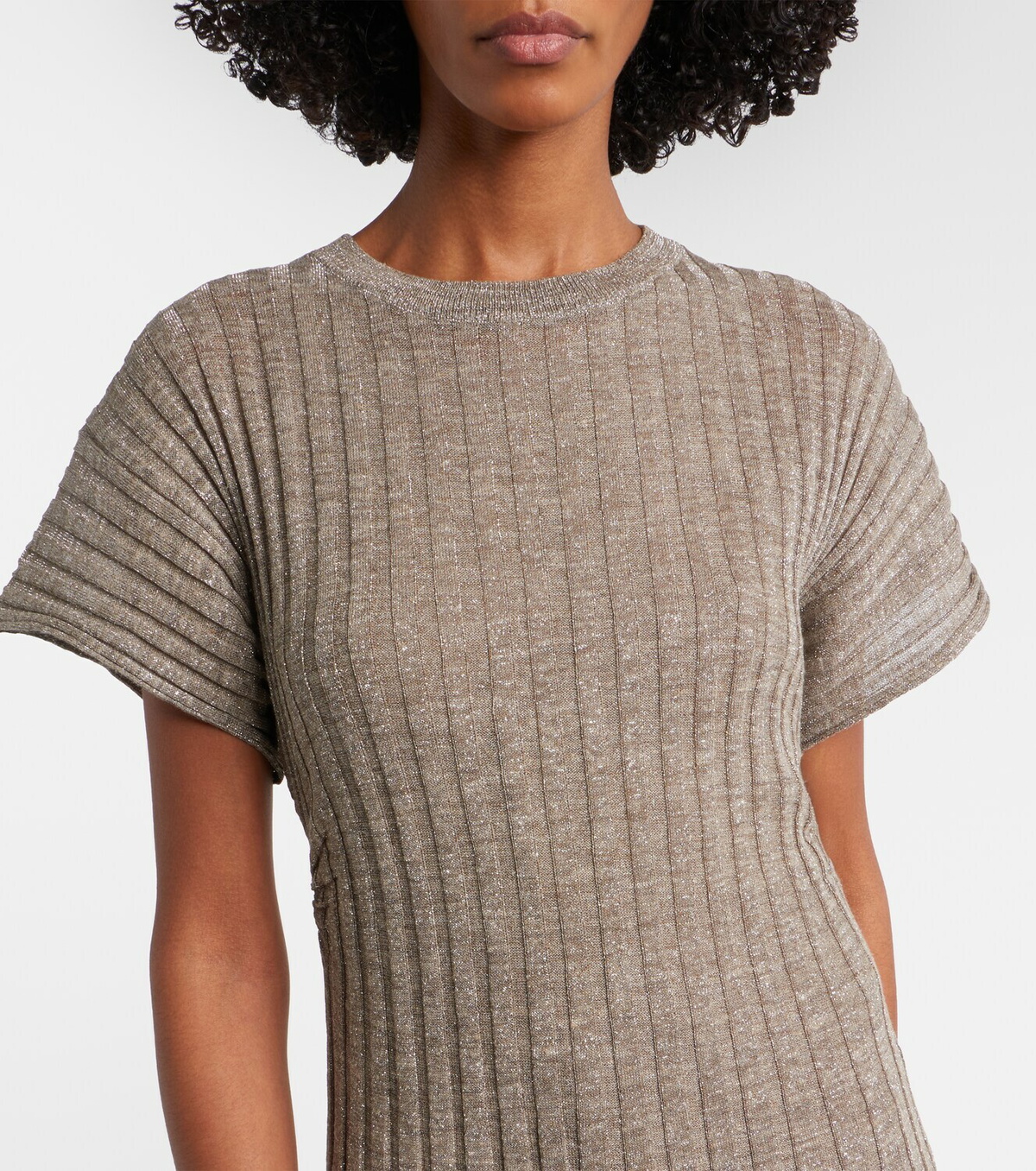 Brunello Cucinelli Ribbed-knit lamé midi dress