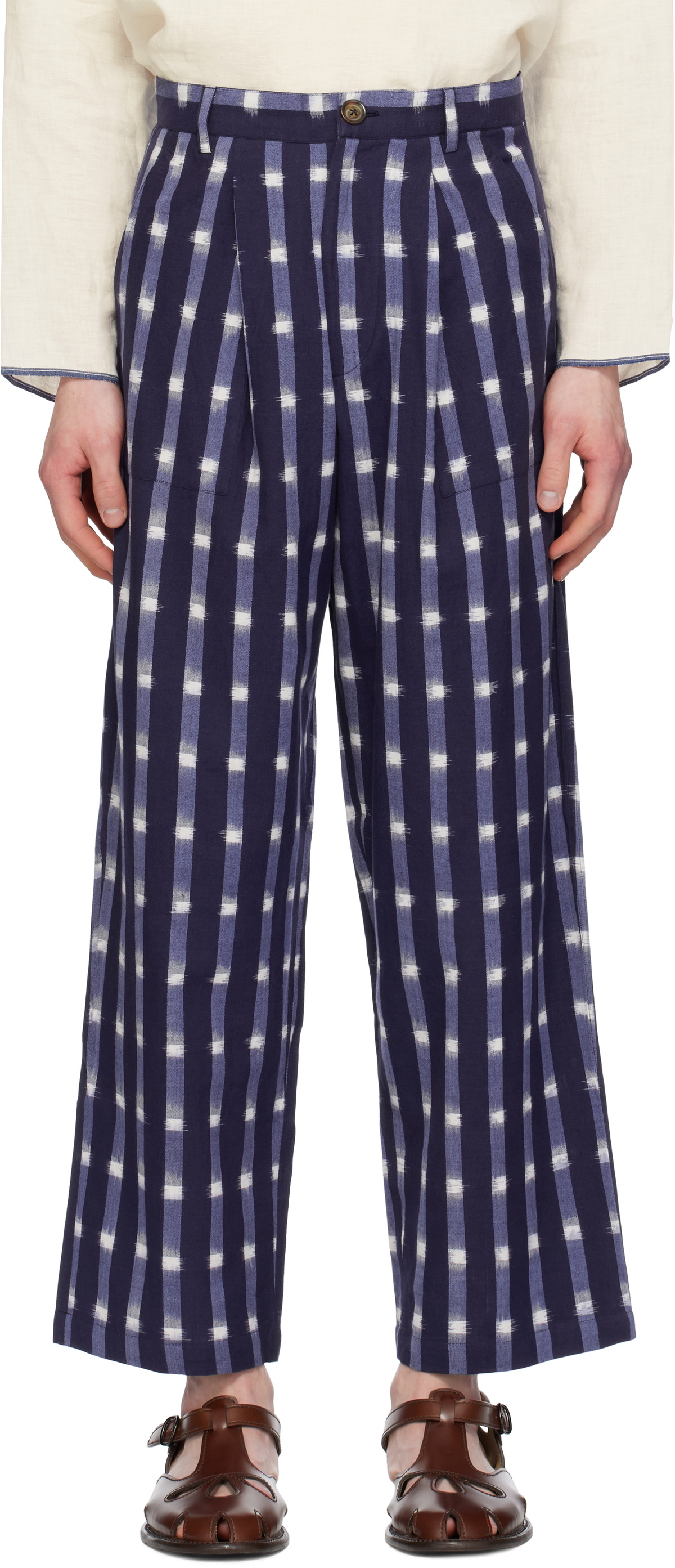 HARAGO Navy Ikat Wide Leg Pleated Trousers