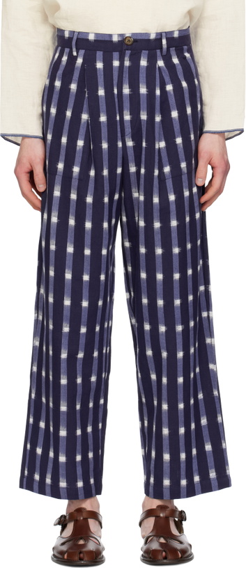 Photo: HARAGO Navy Ikat Wide Leg Pleated Trousers