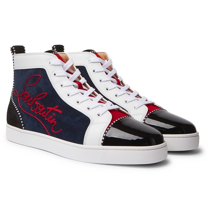Photo: Christian Louboutin - Louis Appliquéd Suede and Leather High-Top Sneakers - Blue