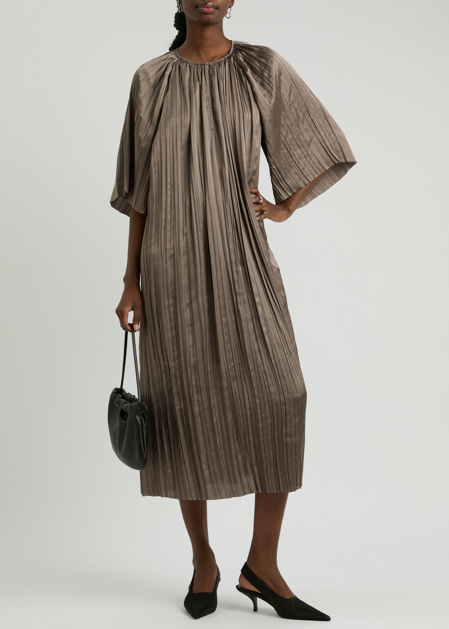 day birger et mikkelsen silk dress Day Birger ET Mikkelsen Sophia Crinkled Satin Midi Dress Taupe Day Birger  Et Mikkelsen