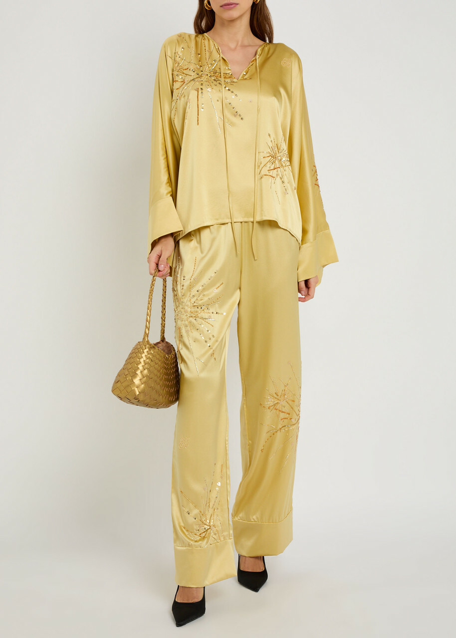 Bernadette Louis Embellished Stretch-silk Trousers Yellow