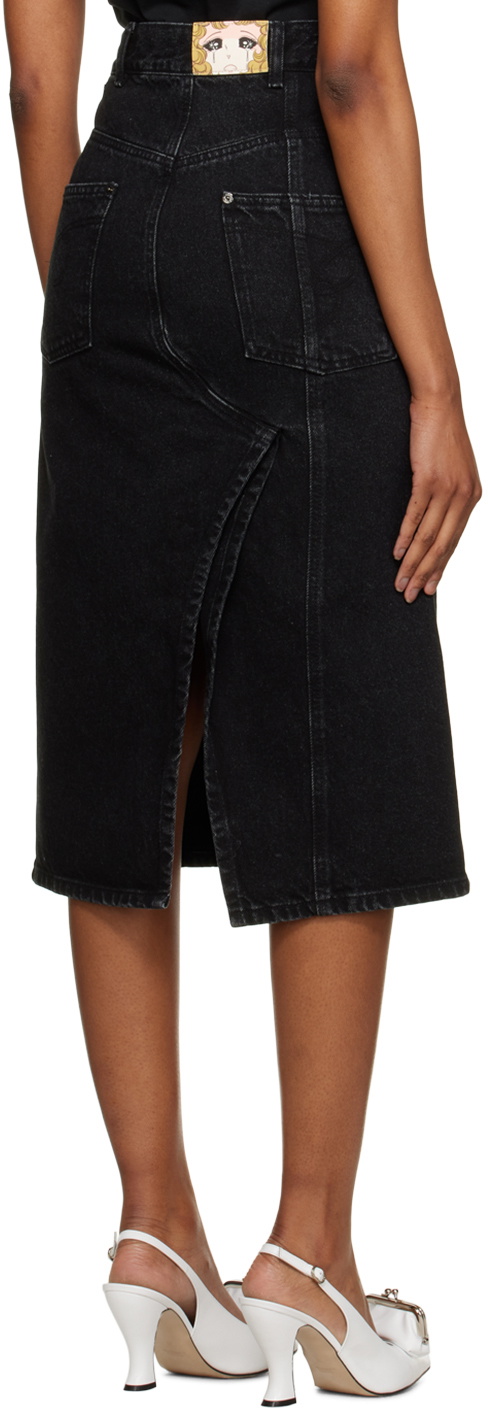 Pushbutton Black Paneled Denim Midi Skirt