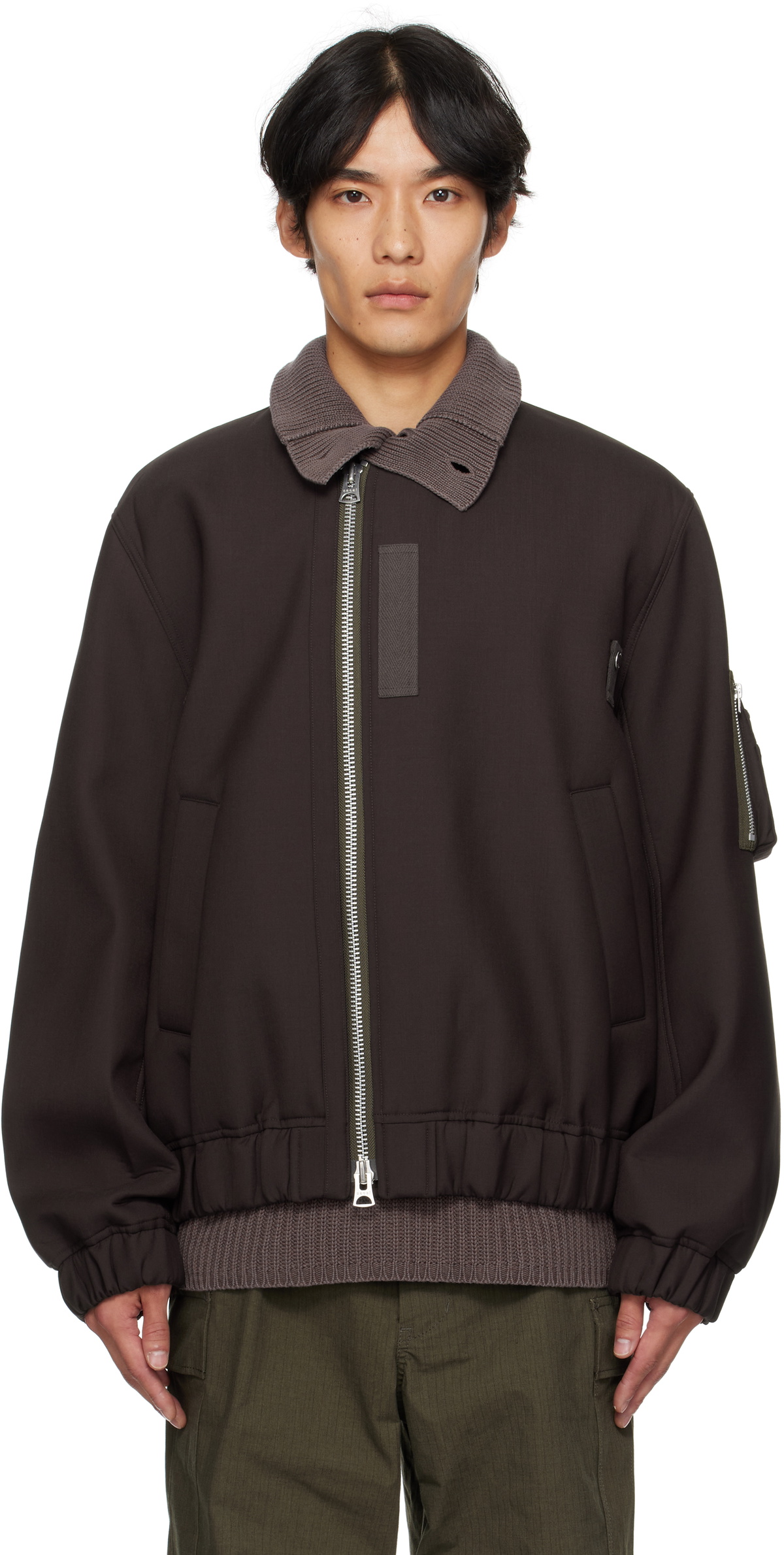 ジャケット・アウター Sacai 22aw knit bomber jacket Sacai knitted-panel Bomber Jacket | Brown | FARFETCH