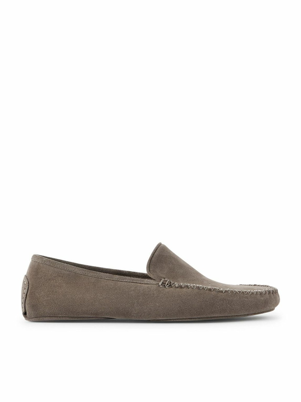 Photo: Thom Sweeney - Cashmere-Lined Suede Slippers - Brown