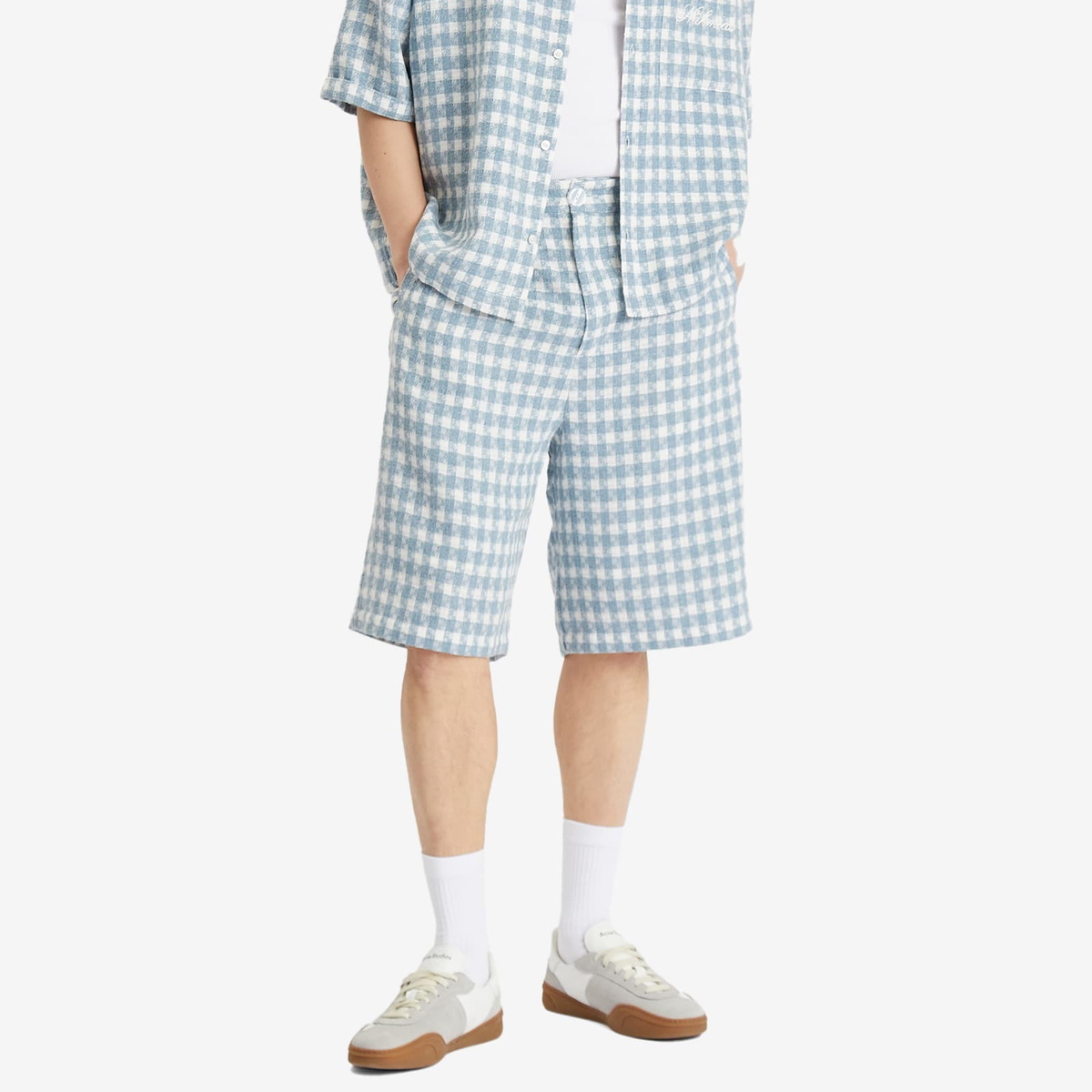 Nahmias Men's Plaid Pleated Shorts in Steel Blue Plaid