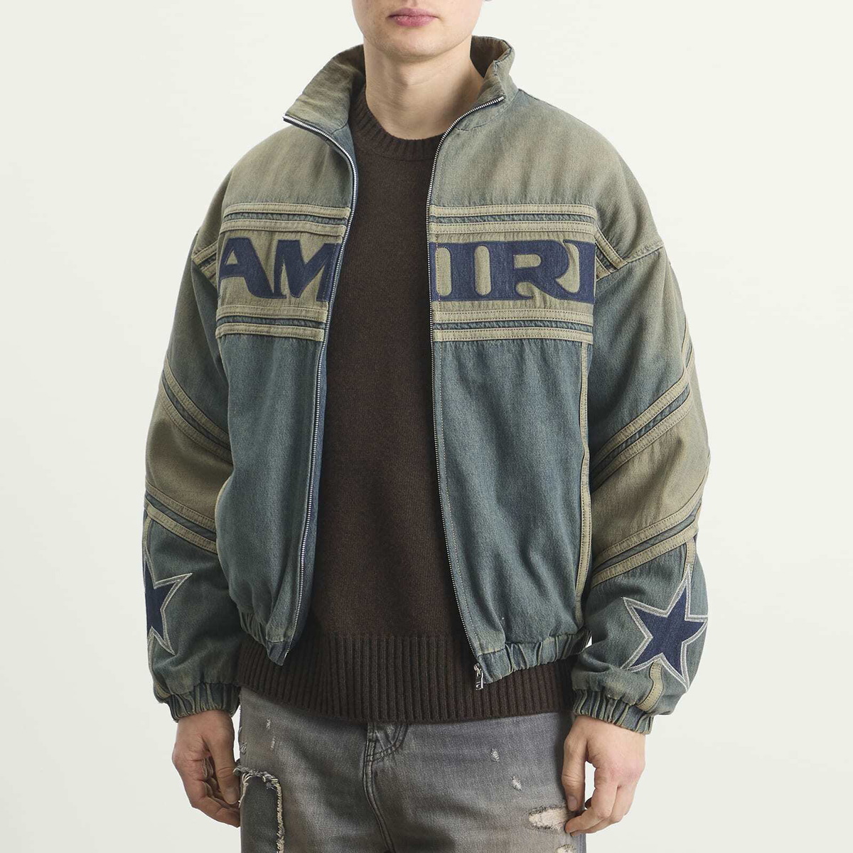 AMIRI Men's Sport Denim Track Jacket in Worn Slate Amiri