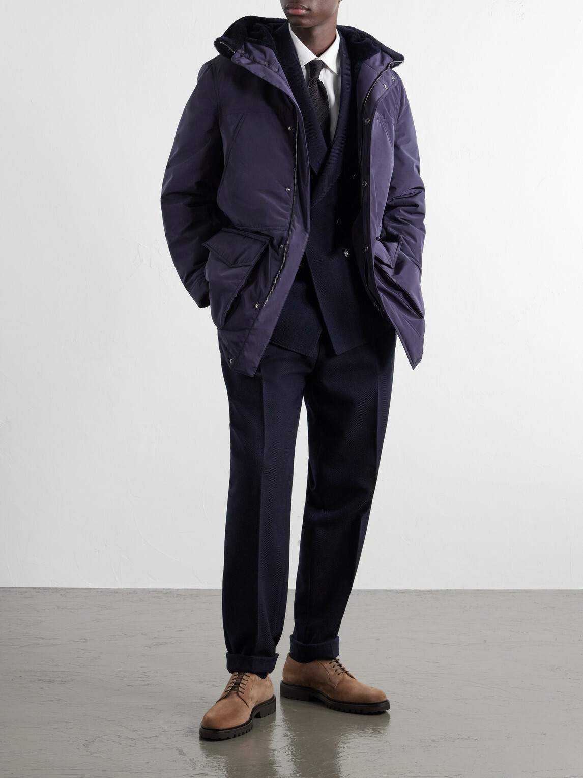 Brunello Cucinelli - Hooded Padded Shearling-Trimmed Shell Coat - Blue