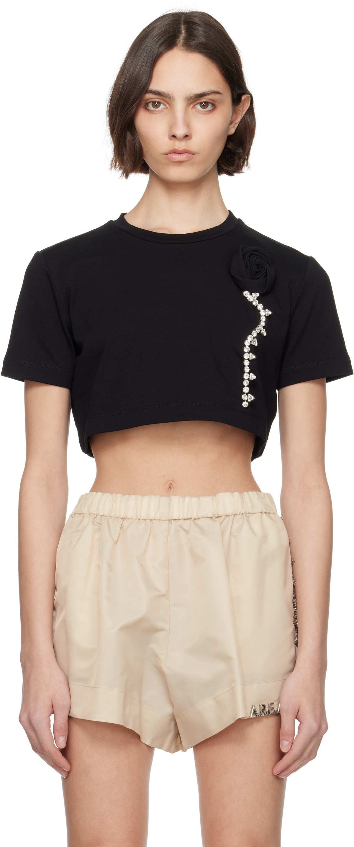 AREA Black Crystal Rosette Cropped T-shirt