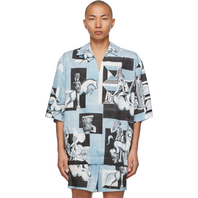 Photo: Dolce and Gabbana Blue and White Cotton Printed Short Sleeve Shirt