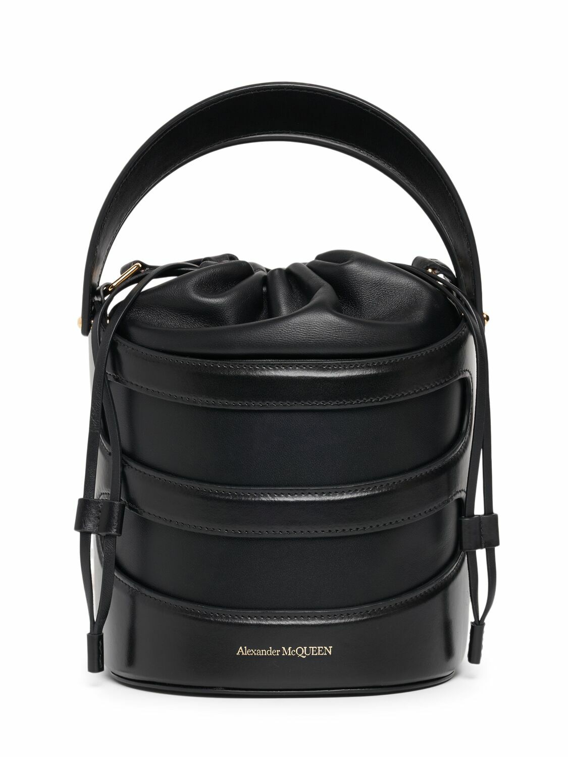 【関税&送料込】Alexander Mcqueen Black Leather The Rise Buc ALEXANDER MCQUEEN The Rise Leather Bucket Bag Alexander McQueen