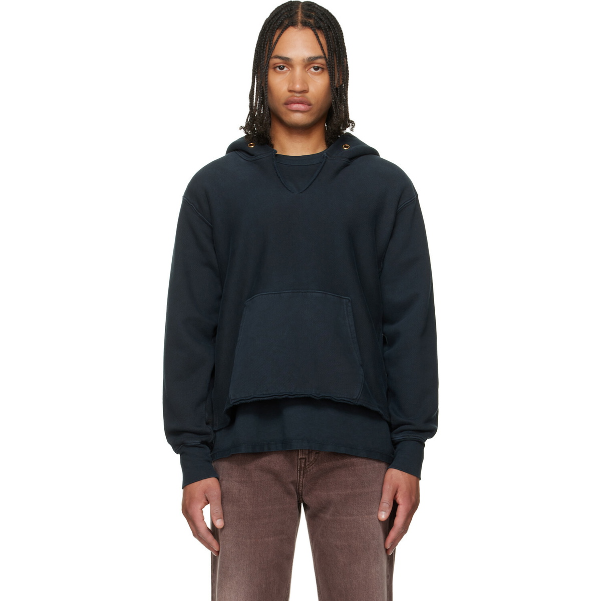 Les Tien Black Heavyweight Raw Cropped Hoodie