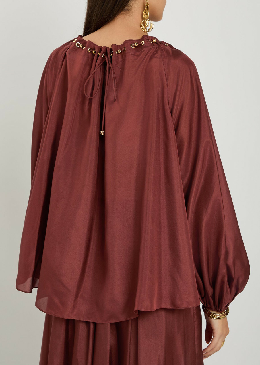 Zimmermann Aster Gathered Silk Blouse Dark Red