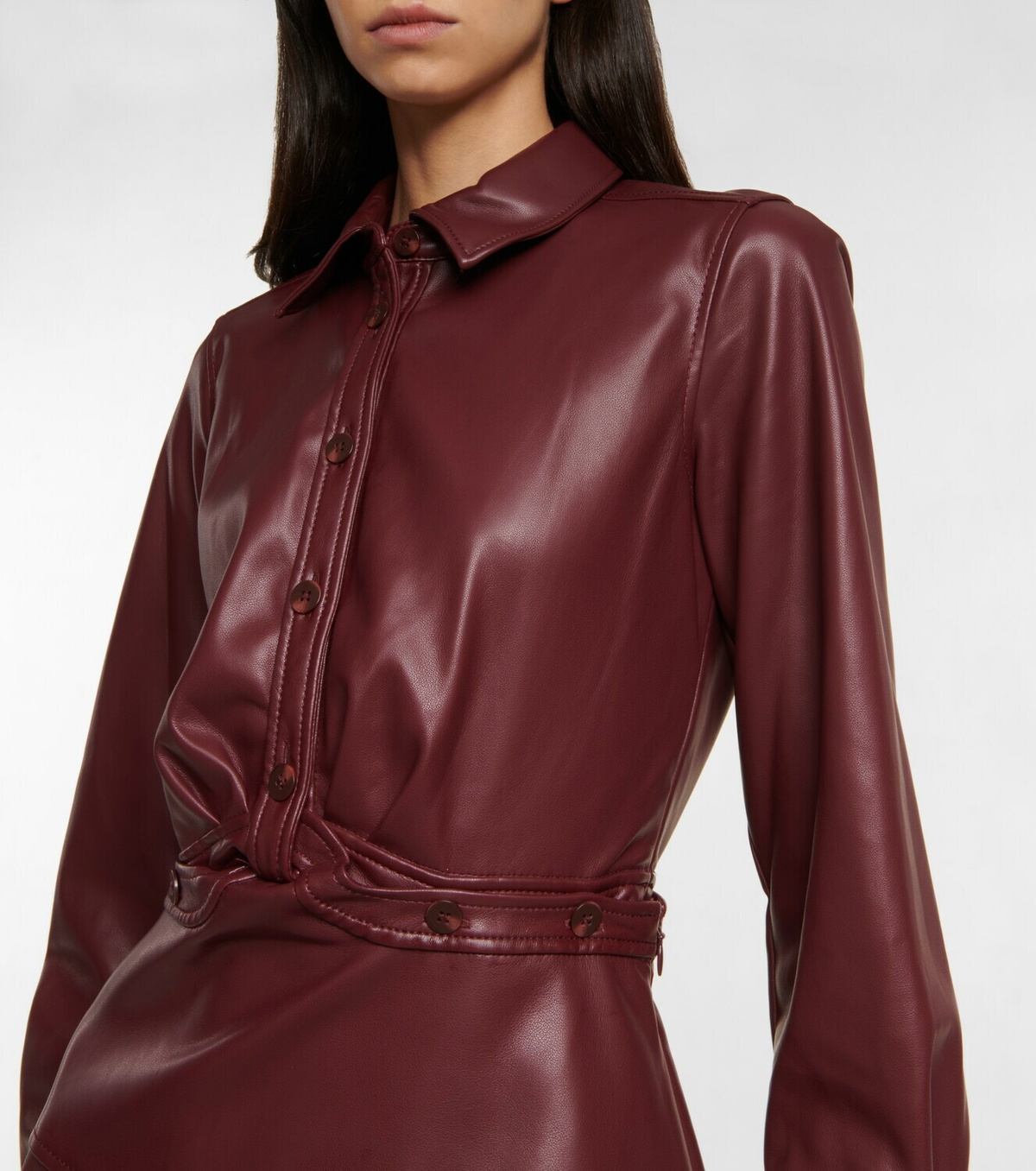 faux leather long dress Women's Something to Behold Black Faux Leather Short Sleeve Belted Midi Dress | Size: S main image 0