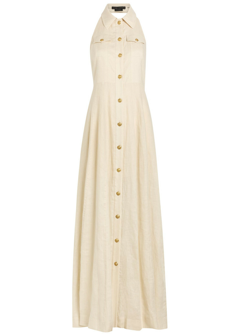 Alice + Olivia Kendall Halterneck Linen Maxi Dress Beige