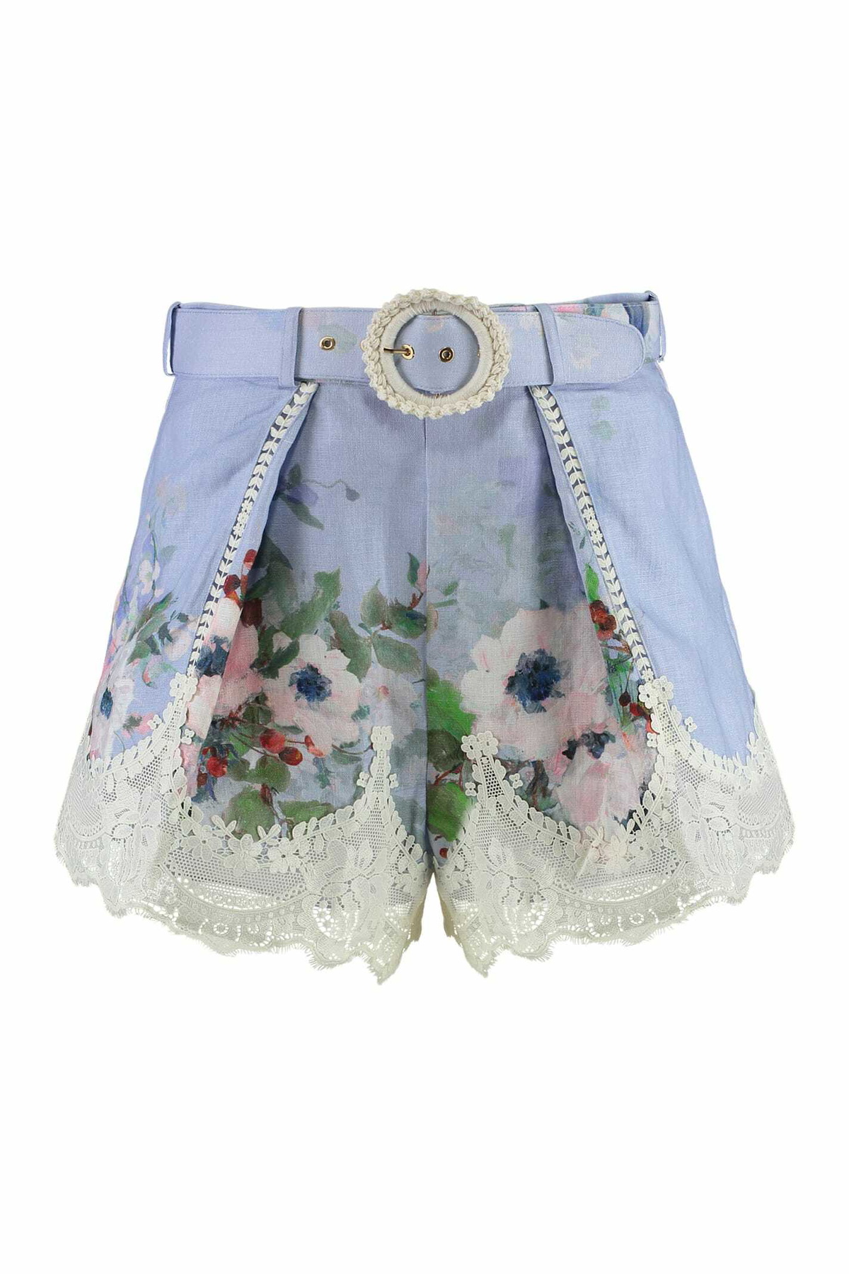 【Zimmermann】Everley belted floral linen and lace shorts Everley belted floral linen and lace shorts in blue