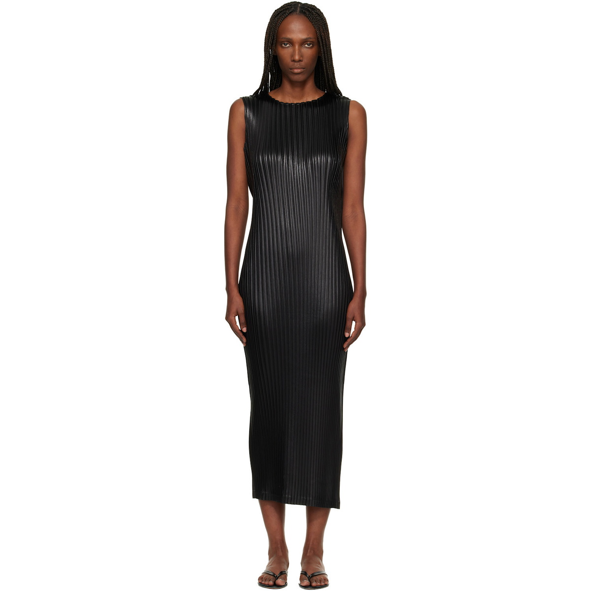 ISSEY MIYAKE Black Glossed Metal Pleats Midi Dress