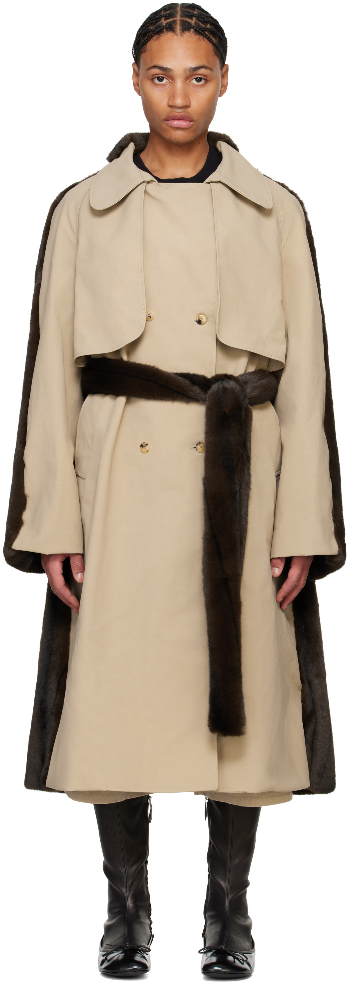 ABRA Beige & Brown Hybrid Faux-Fur Trench Coat