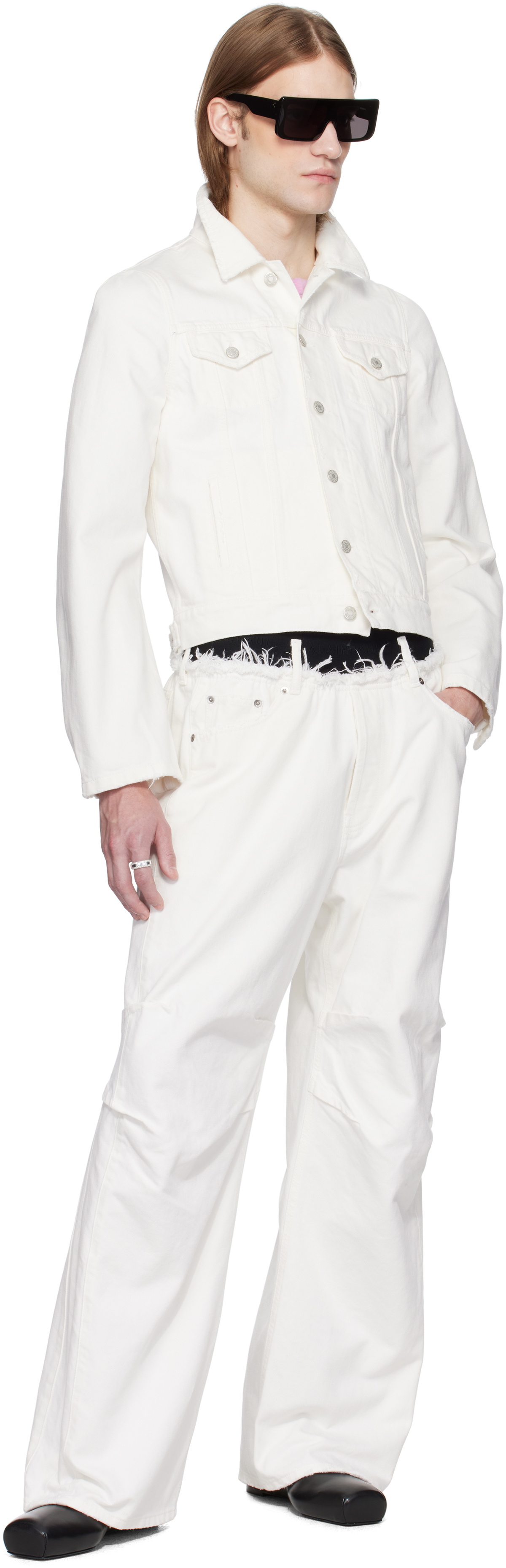 ALAINPAUL White Molded Shoulder Denim Jacket