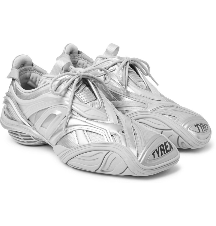 Photo: Balenciaga - Tyrex Nylon, Mesh, Faux Leather and Rubber Sneakers - Silver