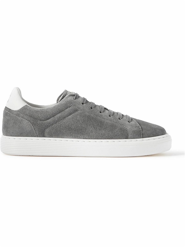 Photo: Brunello Cucinelli - Urano Leather-Trimmed Suede Sneakers - Gray