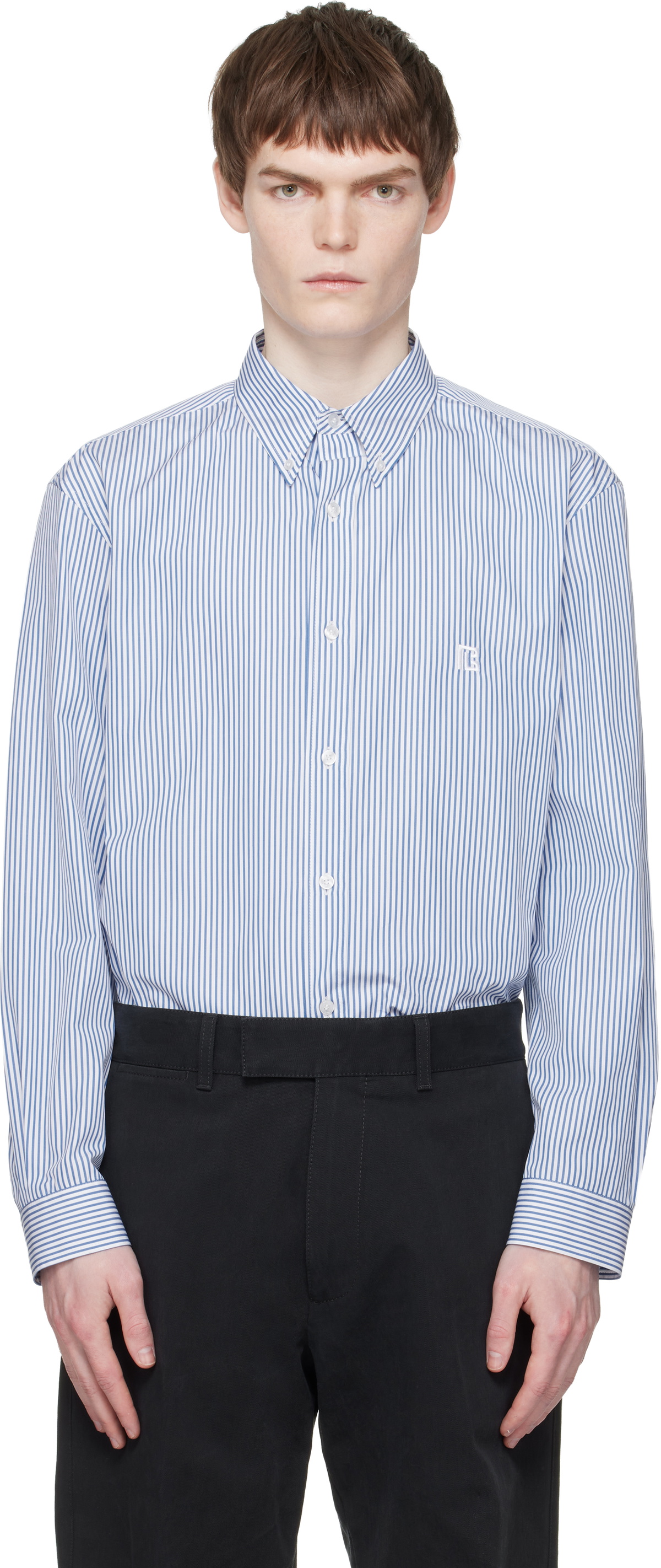 BALMAIN Blue & White Embroidered Pinstripe Popeline Regular Shirt